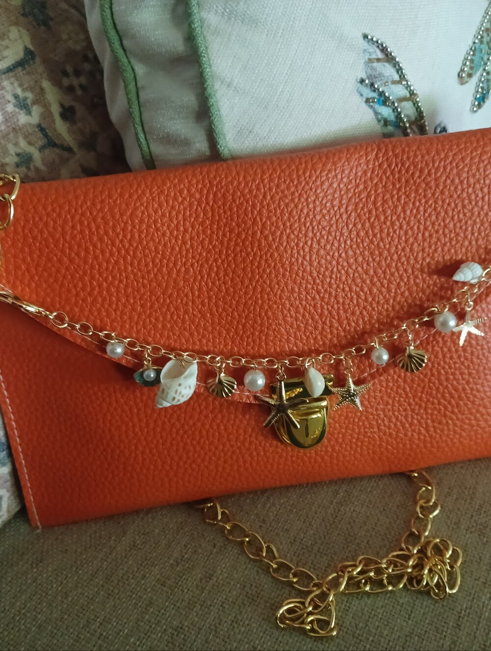Orange H Envelope Clutch with Gold Chain And Nautical Charms - Picture 11 of 11